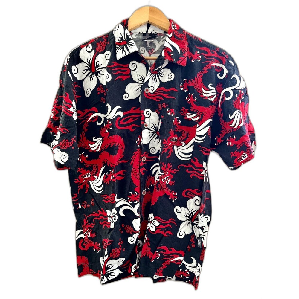 No Fear Dragon & Hibiscus Mens Hawaiian Shirt Size Medium Vintage 90s